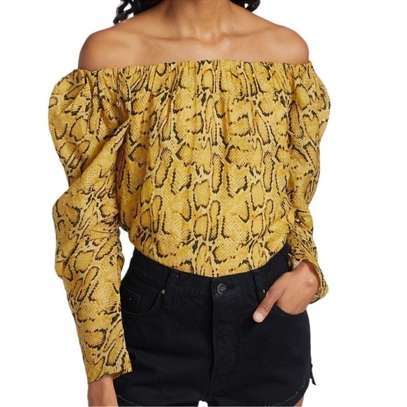 FRAME Off The Shoulder Billow Yellow Top in Python Multi Print Women’s XS Chic - Picture 2 of 14